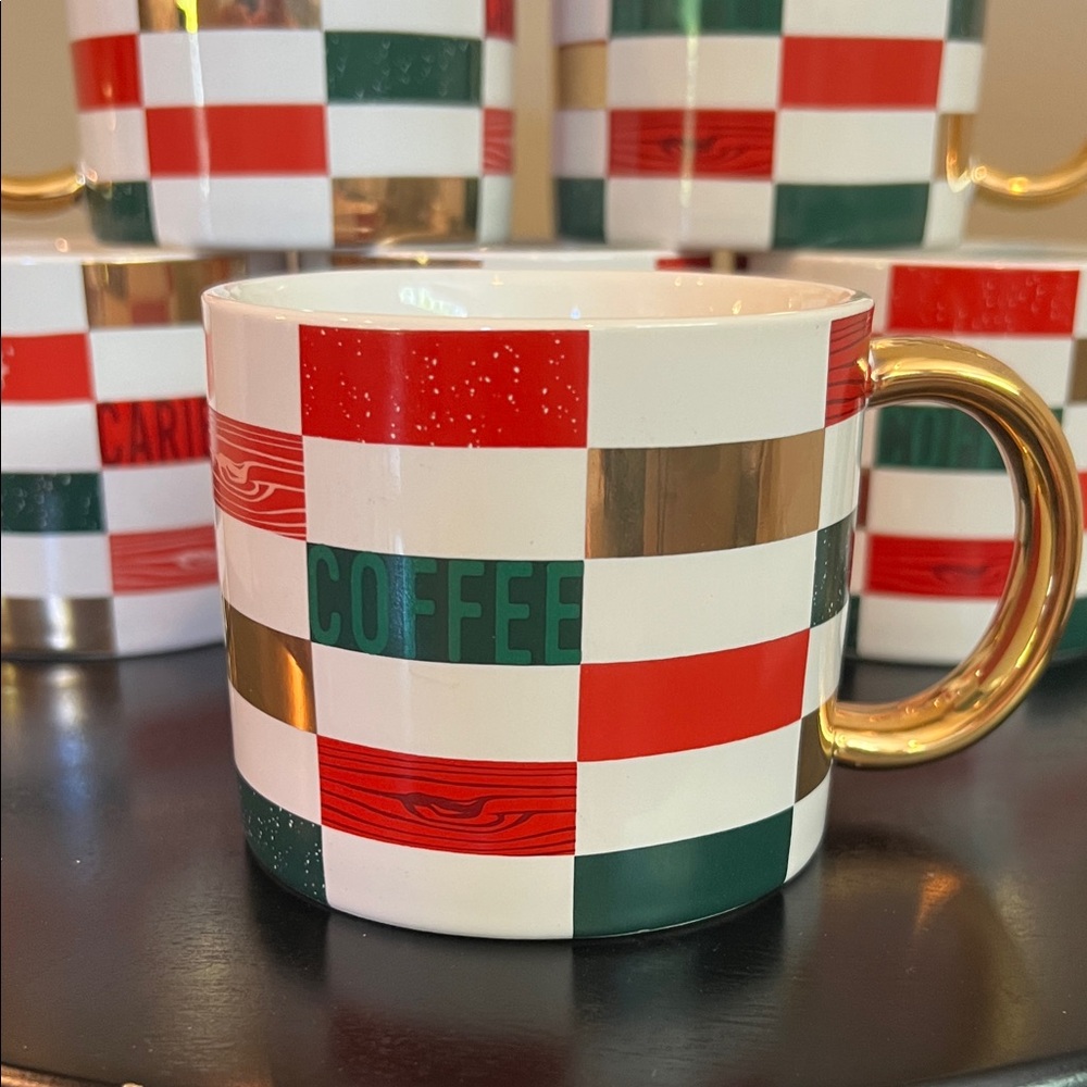 Caribou Coffee Patchwork 2022 Gold Handle Mugs - Set of 6 NWT - Picture 3 of 11